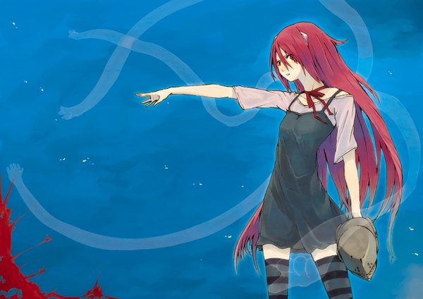Anime picture 1390x984 with elfen lied arms corporation lucy hrd long hair hair between eyes red hair blue background pointing girl thighhighs dress ribbon (ribbons) black dress blood mask striped thighhighs hands
