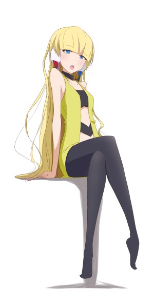 Anime picture 1200x2400 with pokemon pokemon black and white nintendo elesa (pokemon) sakuragawa mionoketsu single long hair tall image blush open mouth blue eyes simple background blonde hair white background sitting bare shoulders legs crossed legs girl headphones