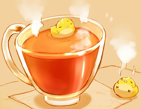 Anime picture 900x700 with original chai (artist) simple background eyes closed shadow no people steam orange background swimming animal bird (birds) cup drink teacup tea