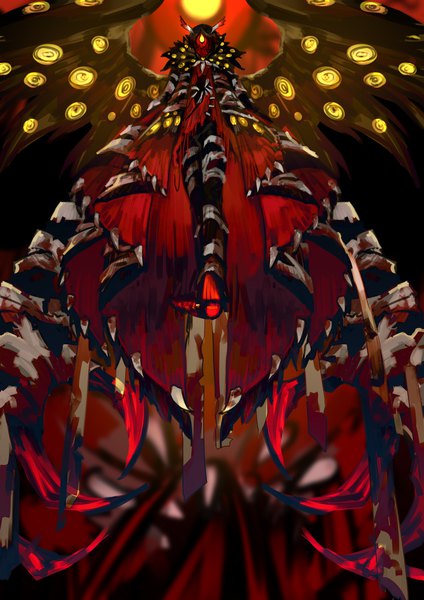 Anime picture 900x1273 with lobotomy corporation nishikujic single tall image short hair black hair yellow eyes full body from below black wings boy wings blood cloak bandage (bandages)