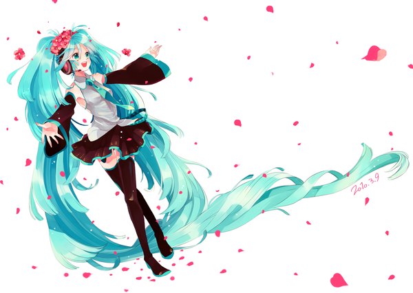 Anime picture 2200x1563 with vocaloid hatsune miku amezawa koma single highres open mouth simple background white background twintails very long hair hair flower aqua eyes aqua hair wallpaper spread arms 39 girl skirt hair ornament detached sleeves