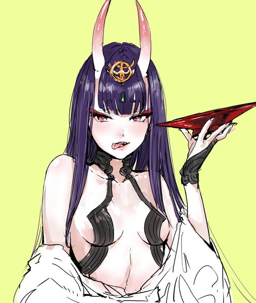 Anime picture 855x1013 with fate (series) fate/grand order shuten douji (fate) osakana (denpa yun'yun) single long hair tall image looking at viewer blush fringe breasts light erotic simple background purple eyes purple hair upper body horn (horns) alternate hairstyle oni horns green background