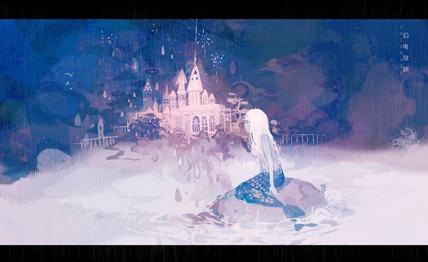 Anime picture 1100x676 with sarnath single long hair wide image sitting white hair profile girl sea stone (stones) castle mermaid