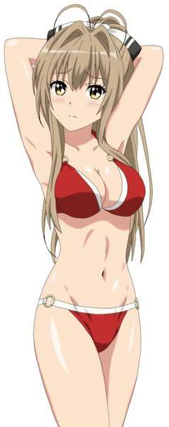 Anime picture 398x1000 with amagi brilliant park kyoto animation sento isuzu cp9a single long hair tall image looking at viewer blush breasts light erotic brown hair white background brown eyes ponytail girl navel swimsuit bikini red bikini