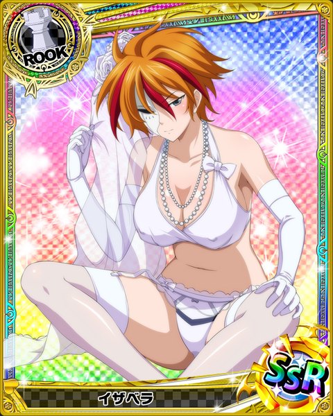 Anime picture 640x800 with highschool dxd isabela (high school dxd) single tall image looking at viewer blush short hair breasts light erotic multicolored hair black eyes orange hair two-tone hair card (medium) girl thighhighs gloves navel underwear panties