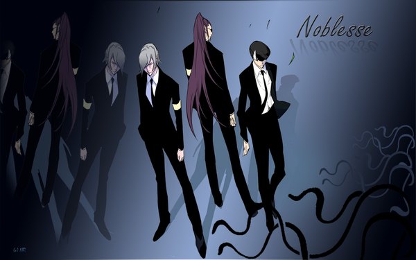 Anime picture 1920x1200 with noblesse m-21 tao takeo long hair highres short hair black hair wide image purple hair white hair ponytail eyes closed multicolored hair wind grey hair inscription multiple boys shadow back