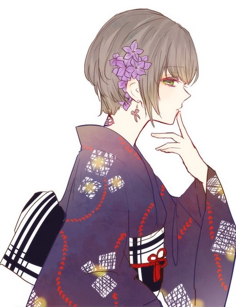 Anime picture 684x887 with original chiyo (zl1hl) single tall image short hair simple background brown hair white background green eyes upper body traditional clothes japanese clothes profile tattoo finger to mouth girl hair ornament earrings obi yukata