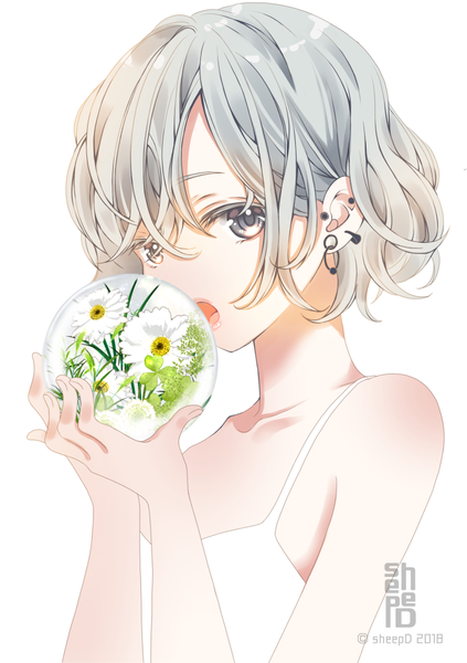 Anime picture 728x1032 with original sheepd single tall image looking at viewer short hair open mouth simple background white background signed upper body grey hair grey eyes twitter username piercing ear piercing body blush 2018 girl flower (flowers)