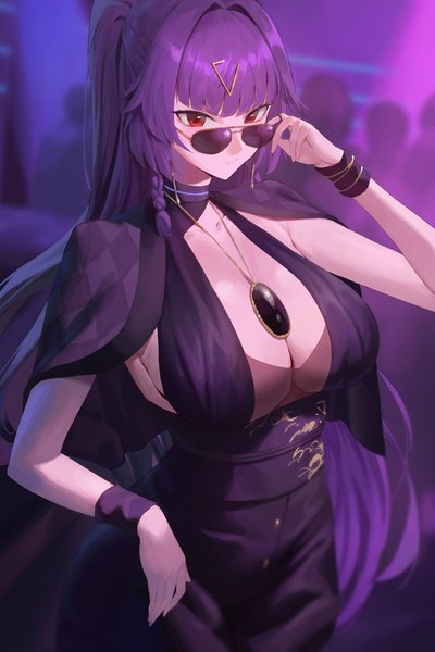 Anime picture 2729x4093 with original ryoko yamaguchi rororo single long hair tall image fringe highres breasts light erotic red eyes large breasts standing payot looking away purple hair ponytail blunt bangs arm up adjusting sunglasses