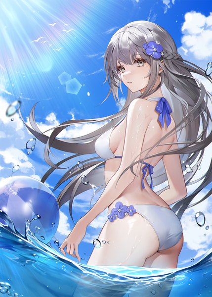 Anime picture 1800x2518 with original chungla single long hair tall image looking at viewer fringe highres breasts light erotic hair between eyes standing payot sky cloud (clouds) outdoors ass braid (braids) parted lips looking back