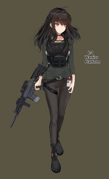 Anime picture 4232x6906 with girls frontline original septet (zrca janne) single long hair tall image fringe highres breasts black hair simple background hair between eyes standing holding brown eyes payot looking away absurdres full body ahoge
