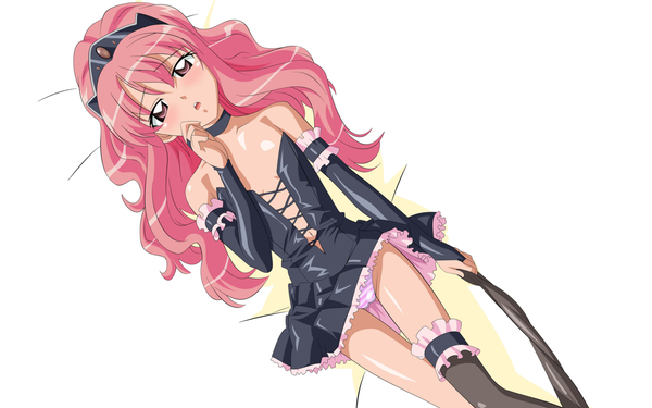 Anime picture 1680x1050 with zero no tsukaima j.c. staff louise francoise le blanc de la valliere single long hair looking at viewer blush fringe open mouth light erotic wide image bare shoulders pink hair bent knee (knees) lying from above on back girl thighhighs underwear