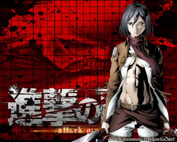 Anime picture 1280x1024 with shingeki no kyojin production i.g mikasa ackerman tsuchi ryuu single fringe short hair breasts light erotic black hair hair between eyes standing holding black eyes open clothes open jacket open shirt muscle third-party edit dual wielding
