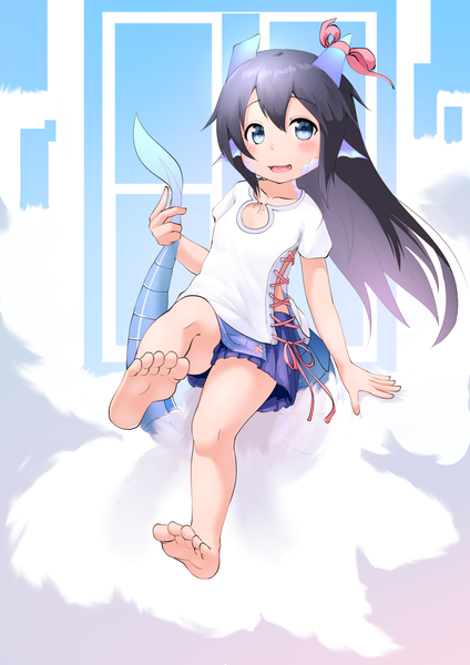 Anime picture 1000x1414 with original leaf-chan kyabe tsuka single long hair tall image looking at viewer blush fringe open mouth blue eyes black hair smile hair between eyes sitting holding cloud (clouds) full body tail :d