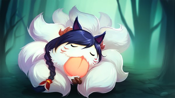 Anime picture 1920x1080 with league of legends ahri (league of legends) poro (league of legends) meng rushen ji single long hair highres black hair wide image animal ears tail braid (braids) eyes closed animal tail horn (horns) wallpaper fox ears single braid facial mark fox tail