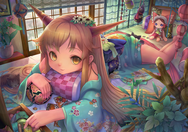 Anime picture 2149x1517 with touhou hakurei reimu ibuki suika santouhei long hair looking at viewer highres blonde hair yellow eyes japanese clothes horn (horns) girl flower (flowers) plant (plants) kimono obi cat ball doll (dolls) temari ball