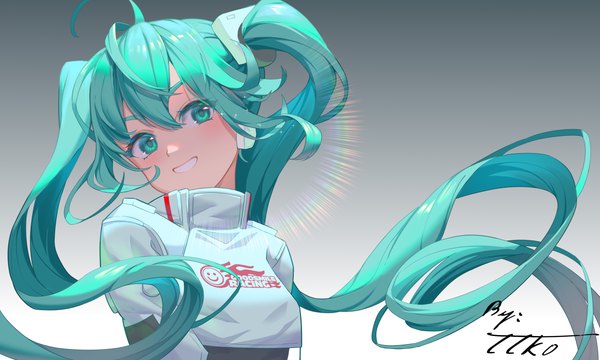 Anime picture 5000x3000 with vocaloid goodsmile racing hatsune miku racing miku racing miku (2022) w-t single fringe highres simple background smile hair between eyes wide image twintails absurdres upper body ahoge aqua eyes aqua hair grey background