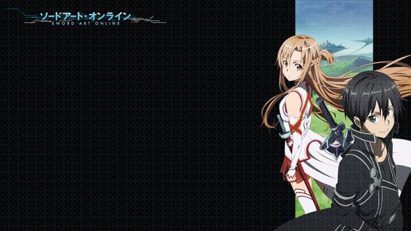 Anime picture 1366x768 with sword art online a-1 pictures yuuki asuna kirigaya kazuto holic long hair black hair brown hair wide image brown eyes looking back black eyes copyright name dark background girl boy weapon sword cloak