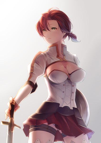 Anime picture 706x1000 with fate (series) fate/grand order boudica (fate/grand order) kito koruta single tall image fringe short hair breasts light erotic hair between eyes large breasts white background green eyes looking away cleavage red hair grey background pantyshot gradient background