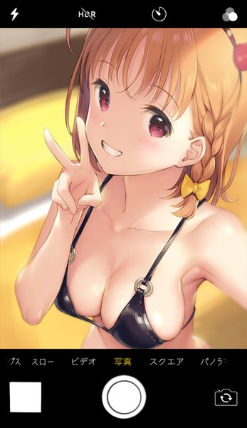 Anime picture 495x854 with love live! sunshine!! sunrise (studio) love live! takami chika mignon single tall image looking at viewer blush fringe short hair breasts light erotic smile red eyes large breasts bare shoulders cleavage upper body blunt bangs