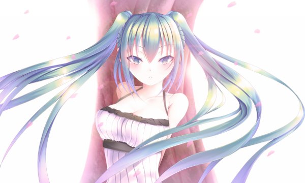 Anime picture 2500x1500 with vocaloid hatsune miku isshiki (ffmania7) single looking at viewer blush highres wide image twintails bare shoulders very long hair aqua eyes aqua hair girl dress plant (plants) petals tree (trees)