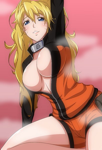 Anime picture 697x1028 with naruto studio pierrot naruto (series) uzumaki naruto naruko igatto single long hair tall image blush breasts blue eyes light erotic blonde hair simple background large breasts twintails cleavage open clothes open jacket