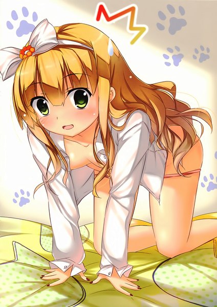 Anime picture 1412x2000 with hentai ouji to warawanai neko j.c. staff azuki azusa kaho okashii single long hair tall image looking at viewer blush open mouth light erotic blonde hair green eyes long sleeves nail polish open clothes open shirt panty pull surprised girl