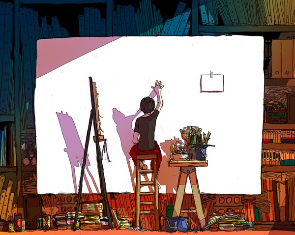 Anime picture 1000x798 with original heshico single black hair sitting from behind shadow back painting book (books) bottle stairs paintbrush pencil paint bucket art brush easel