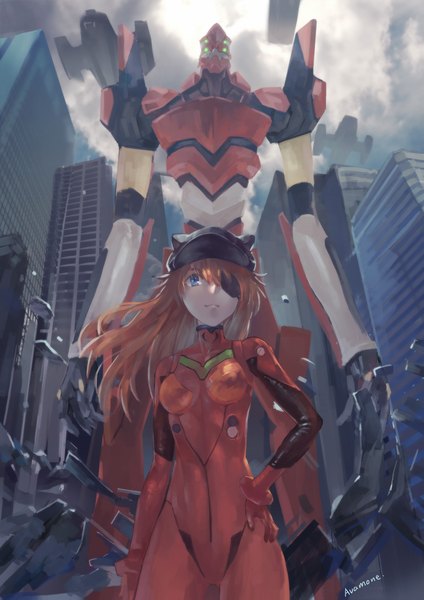 Anime picture 1600x2263 with neon genesis evangelion rebuild of evangelion evangelion: 3.0 you can (not) redo gainax soryu asuka langley shikinami asuka langley eva 02 azomo single long hair tall image breasts blue eyes smile standing signed animal ears looking away sky cloud (clouds)