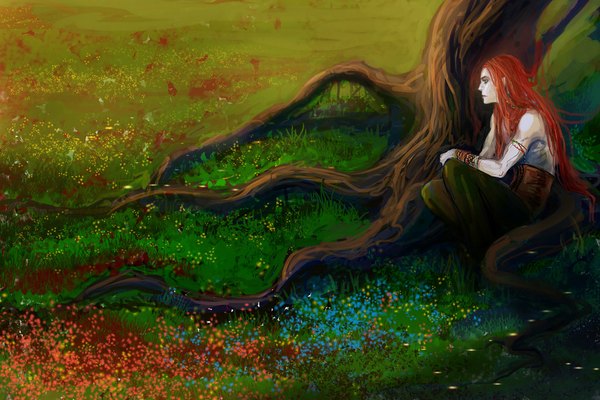 Anime picture 1024x683 with original anndr (artist) single long hair very long hair profile pointy ears orange hair pale skin nature boy flower (flowers) plant (plants) tree (trees) bracelet grass roots