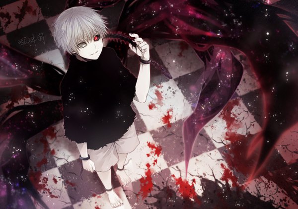 Anime picture 1425x1000 with tokyo ghoul studio pierrot kaneki ken angel31424 single looking at viewer short hair red eyes signed barefoot light smile from above grey hair grey eyes checkered floor multicolored eyes black sclera boy shorts blood