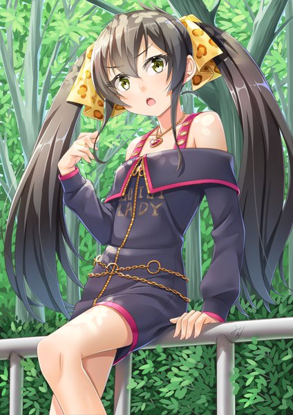Anime picture 827x1169 with idolmaster idolmaster cinderella girls matoba risa miri (ago550421) single long hair tall image looking at viewer blush open mouth black hair twintails bare shoulders yellow eyes payot outdoors arm support girl dress bow