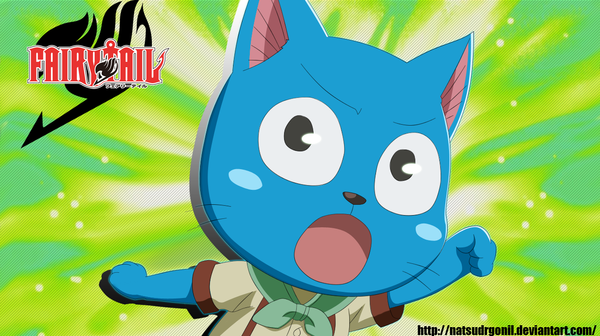 Anime picture 1280x717 with fairy tail happy (fairy tail) natsudrgonil open mouth wide image black eyes inscription coloring animal cat