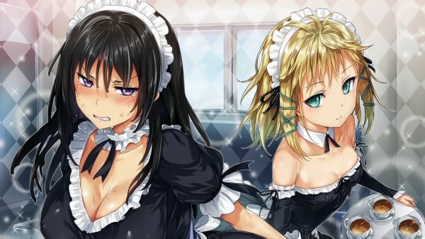 Anime picture 2400x1350 with black bullet kinema citrus tendou kisara tina sprout hisashi (nekoman) long hair looking at viewer blush highres short hair breasts open mouth light erotic black hair blonde hair wide image large breasts purple eyes bare shoulders multiple girls