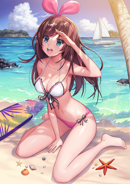 Anime picture 1500x2118 with virtual youtuber a.i. channel kizuna ai tomto mood single long hair tall image blush fringe breasts open mouth blue eyes light erotic smile brown hair large breasts sitting bare shoulders looking away sky