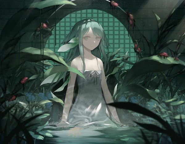 Anime picture 1055x821 with saya no uta nitroplus saya (saya no uta) akasen single long hair looking at viewer fringe bare shoulders green hair partially submerged shaded face polychromatic girl dress plant (plants) wings water white dress insect