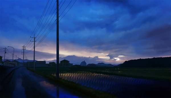 Anime picture 1280x738 with original peko (akibakeisena) wide image sky cloud (clouds) evening sunset horizon mountain landscape plant (plants) water house road