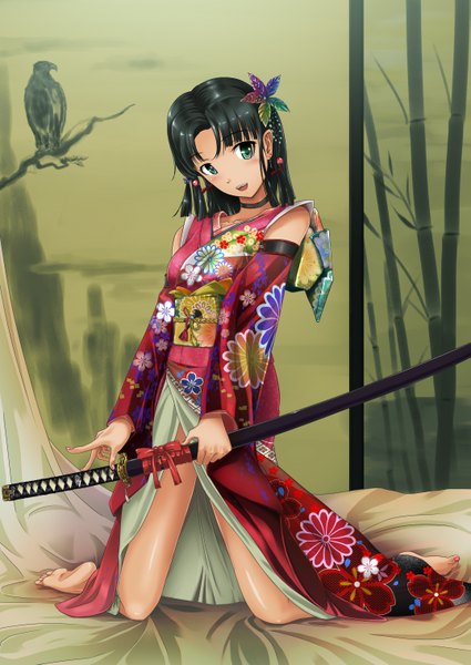 Anime picture 2149x3035 with original tomabechi single tall image blush highres short hair open mouth black hair green eyes japanese clothes girl hair ornament weapon detached sleeves sword kimono katana obi