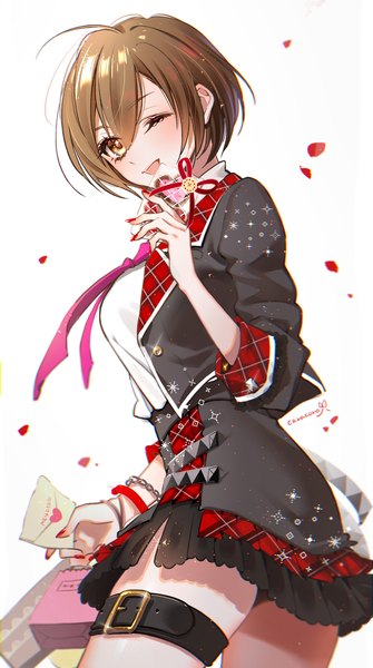 Anime picture 1175x2104 with project sekai vocaloid meiko caracoro single tall image looking at viewer fringe short hair open mouth simple background hair between eyes brown hair white background brown eyes signed ahoge nail polish one eye closed wink