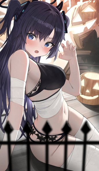 Anime picture 1844x3200 with blue archive yuuka (blue archive) hidulume single long hair tall image looking at viewer blush highres open mouth blue eyes light erotic black hair arm support two side up underwear only halloween girl underwear panties