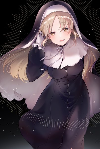 Anime picture 1346x2000 with virtual youtuber nijisanji sister cleaire yuge (mkmk) single long hair tall image looking at viewer blush fringe open mouth simple background blonde hair smile hair between eyes standing yellow eyes long sleeves arm up leaning