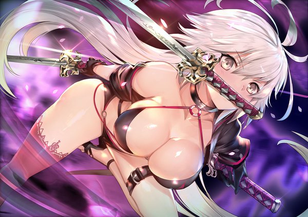 Anime picture 1415x1000 with fate (series) fate/grand order jeanne d'arc (fate) (all) jeanne d'arc alter (fate) jeanne d'arc alter (swimsuit berserker) (fate) teddy (khanshin) single long hair blush fringe breasts light erotic hair between eyes large breasts holding yellow eyes payot looking away cleavage silver hair