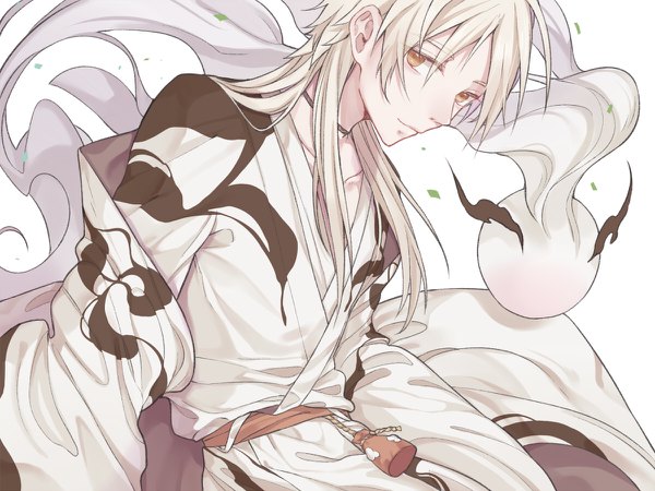 Anime picture 1200x900 with gourmet kizuna xiao huntun shaizi (z07ca5jh85) single long hair looking at viewer fringe simple background white background brown eyes white hair long sleeves traditional clothes japanese clothes light smile boy yukata