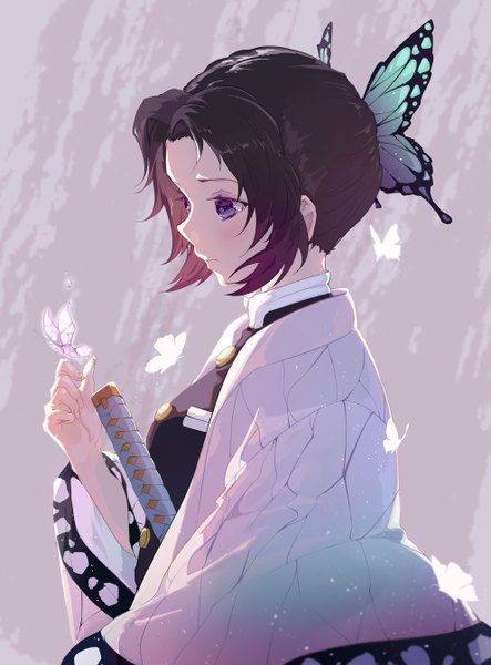 Anime picture 992x1342 with kimetsu no yaiba ufotable kochou shinobu taka (0taka) single tall image blush short hair black hair simple background purple eyes payot looking away upper body traditional clothes japanese clothes profile multicolored hair two-tone hair butterfly on hand