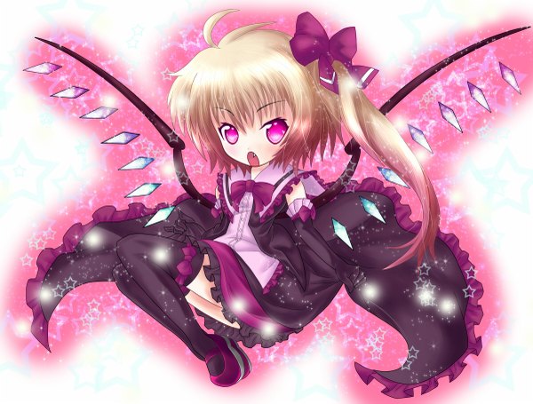 Anime picture 1200x911 with touhou flandre scarlet cicin (artist) single short hair open mouth simple background blonde hair pink eyes one side up girl thighhighs dress black thighhighs wings crystal