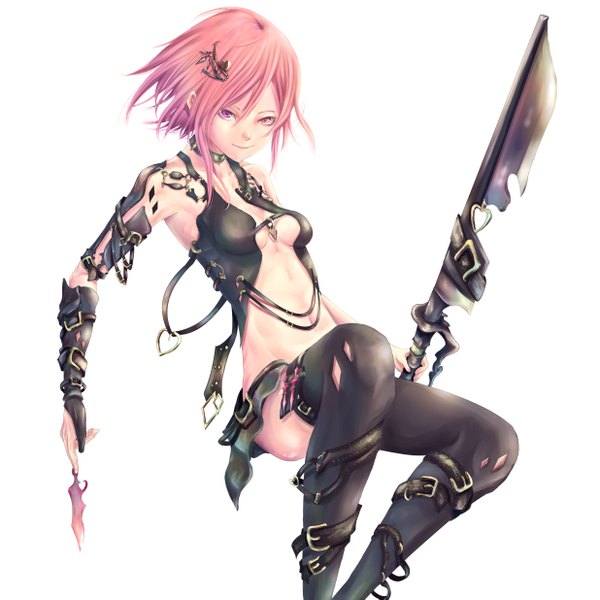 Anime picture 2469x2469 with original pip (red juice1869) single looking at viewer highres short hair light erotic simple background smile white background holding pink hair bent knee (knees) pink eyes bare belly girl thighhighs hair ornament weapon black thighhighs