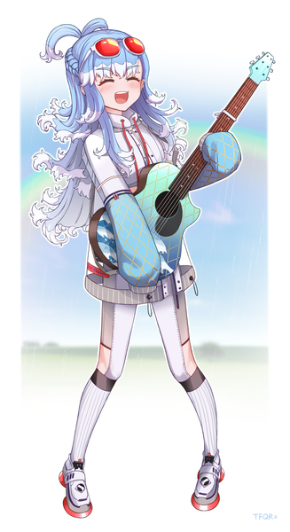 Anime picture 1650x3031 with virtual youtuber hololive hololive indonesia kobo kanaeru tfqr single long hair tall image open mouth standing blue hair full body eyes closed long sleeves half updo ^ ^ sunglasses on head ^o^ girl sunglasses