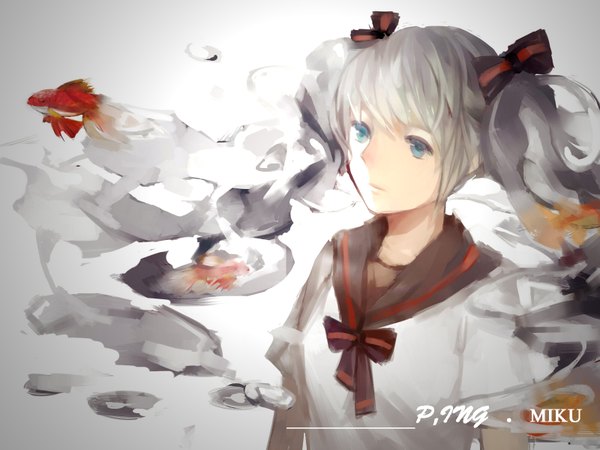 Anime picture 1600x1200 with vocaloid hatsune miku bottle miku masumasu single long hair blue eyes simple background twintails looking away grey hair character names liquid hair girl uniform ribbon (ribbons) hair ribbon animal serafuku fish (fishes)