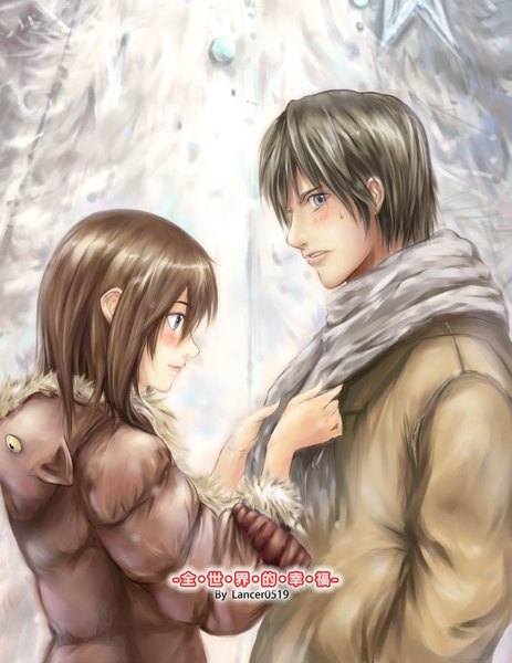 Anime picture 1110x1438 with lancer0519 tall image blush fringe short hair black hair brown hair profile grey eyes girl boy scarf winter clothes