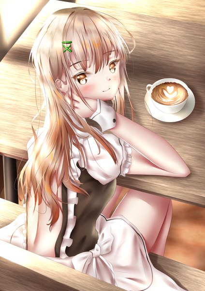 Anime picture 2896x4096 with original dicedkey single long hair tall image looking at viewer blush fringe highres blonde hair smile hair between eyes sitting brown eyes payot indoors from above shadow short sleeves puffy sleeves